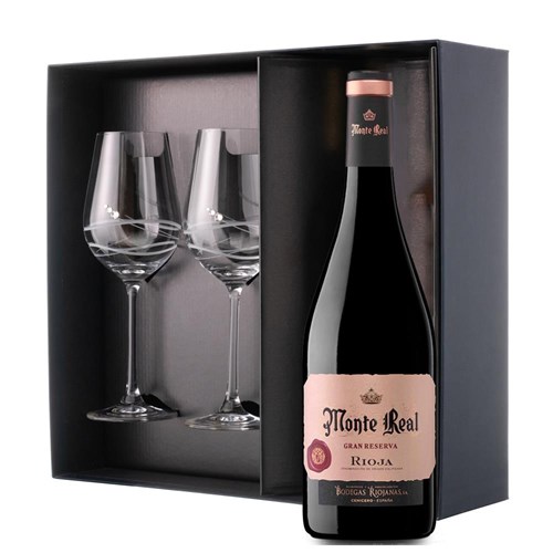 Monte Real Tinto Gran Reserva 75cl Red Wine And Diamante Venezia Glasses Gift Box Set